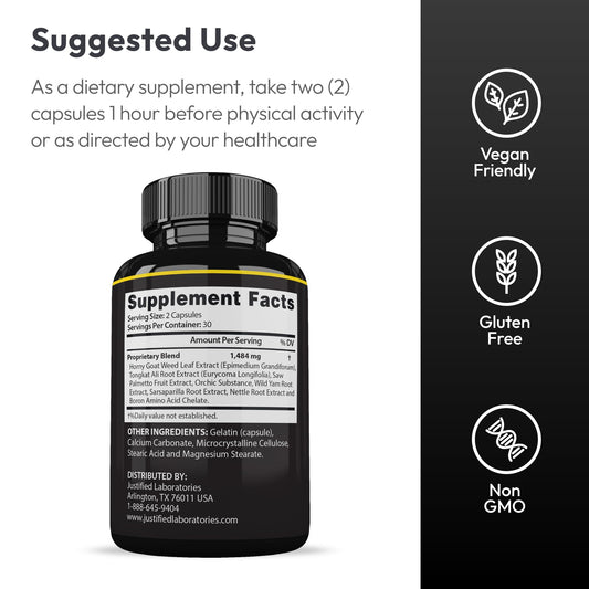 Justified Laboratories Maasalong Advanced Men's Formula showing supplement facts and 742 mg proprietary blend.