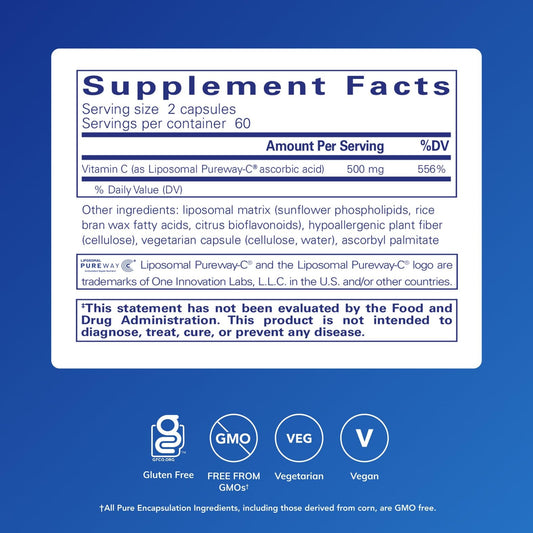 Pure Encapsulations Liposomal Vitamin C supplement facts and ingredient label showcasing PureWay-C technology