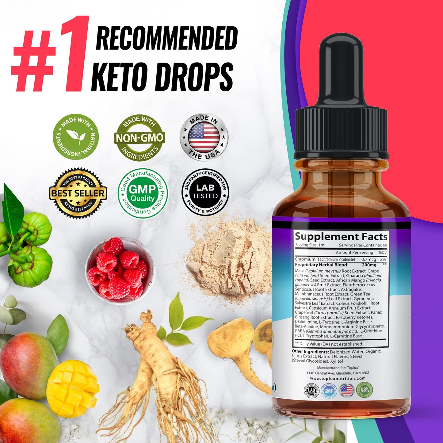 Authentic Toplux keto drops bottle packaging highlighting raspberry ketones content.