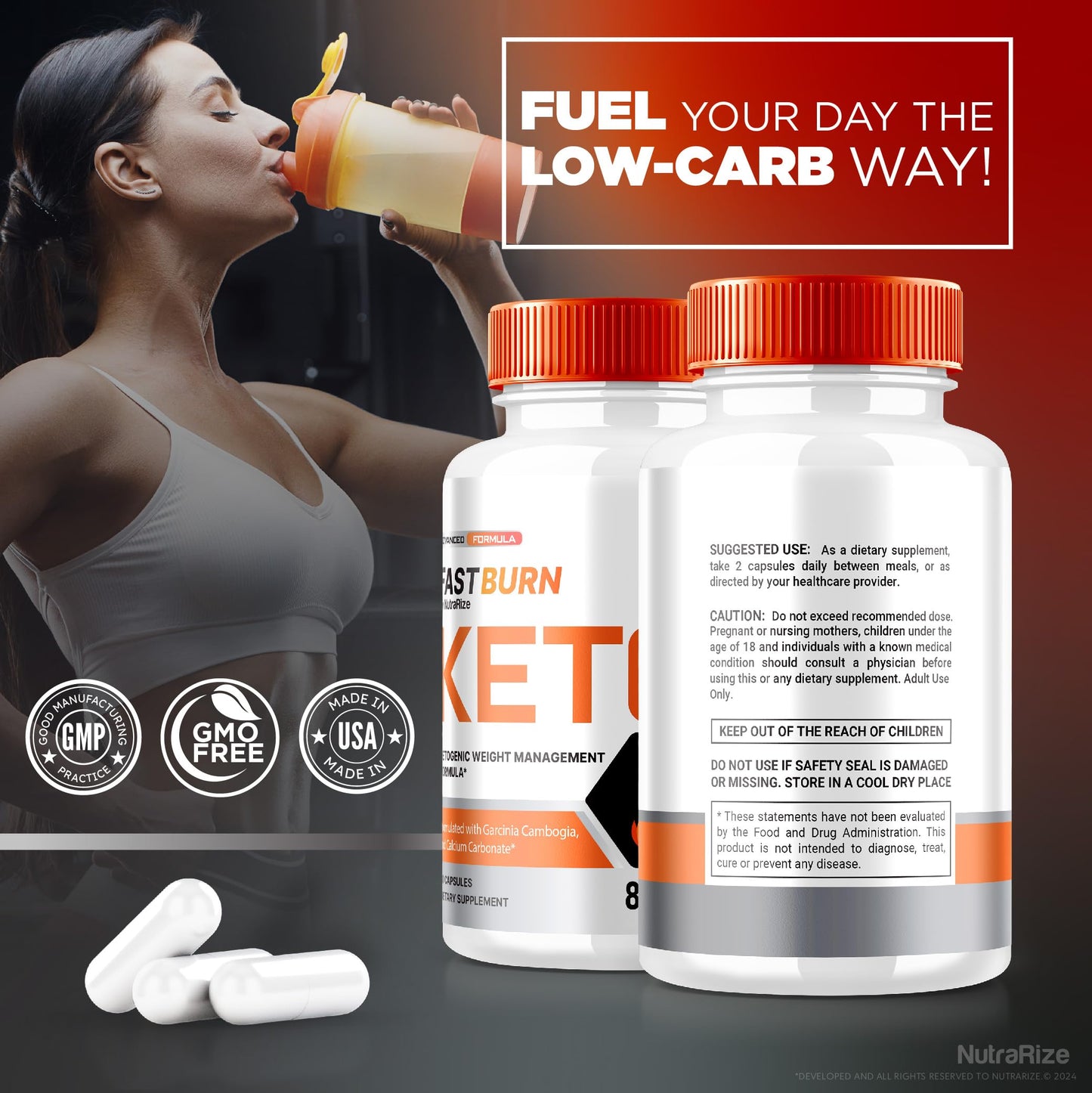 NutraRize Fast Burn Keto unflavored capsules dietary supplement presentation for men and women.
