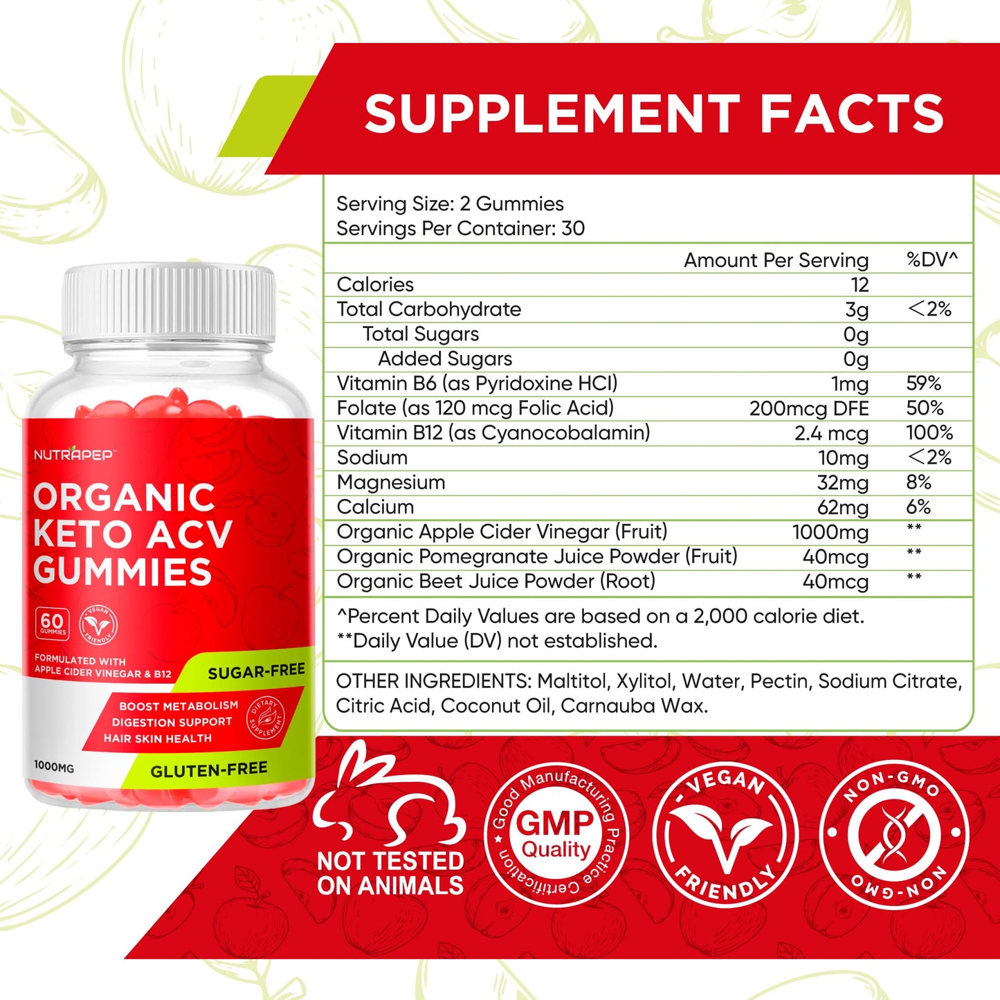 NutraPep Keto ACV 60 count supplement bottle top angle view