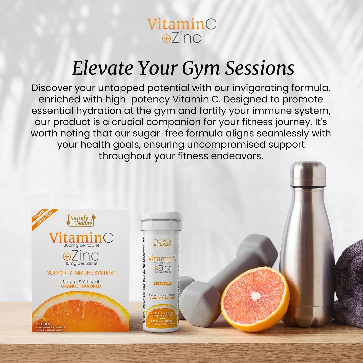 Portable container of Signify Nature antioxidant rich skin and immune defense tablets next to a fresh glass of water.