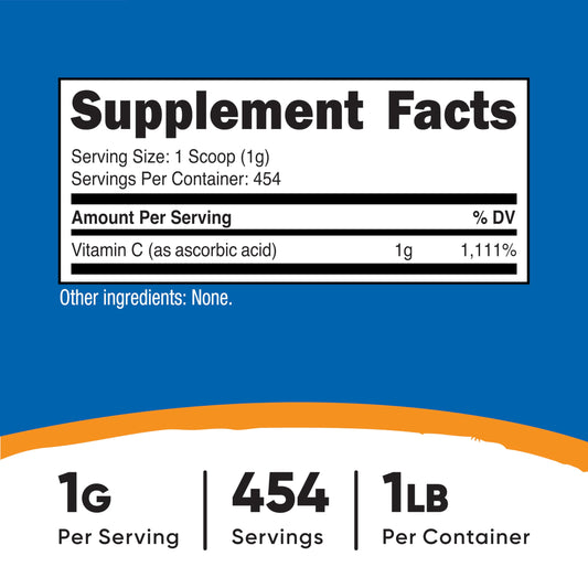 Nutricost unflavored Vitamin C supplement powder nutritional information label