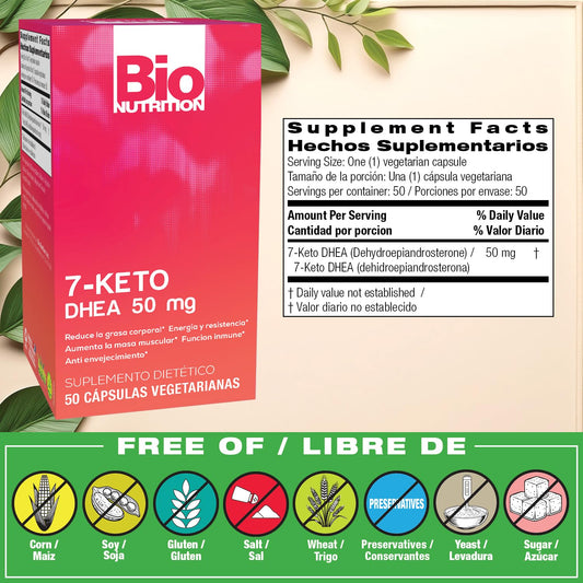 Bio Nutrition 7-Keto DHEA supplement facts and ingredient label on the side of the bottle