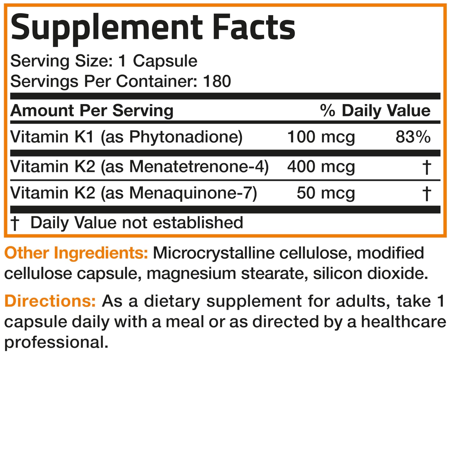 Bronson multi form Vitamin K supplement close up view highlighting easy to swallow capsules