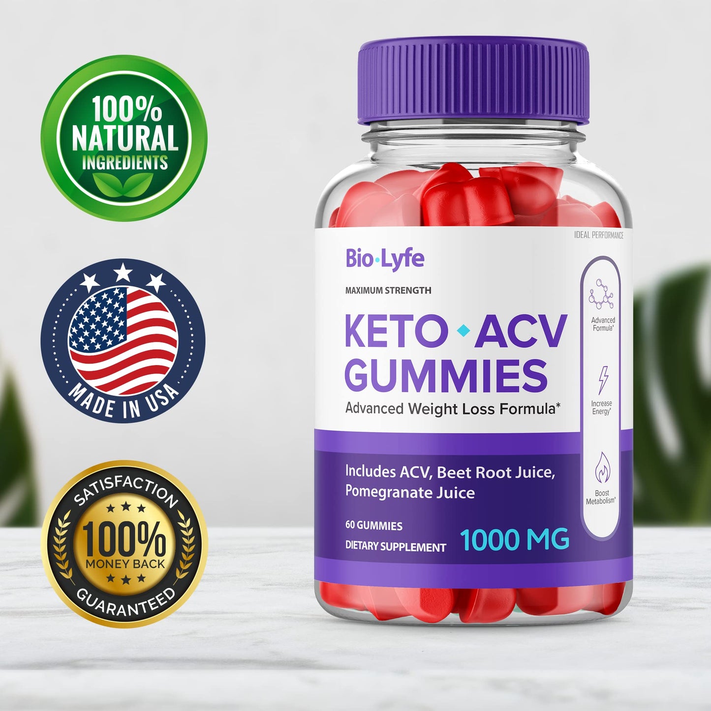 Ideal Performance Biolyfe Keto plus apple cider vinegar 1000 milligrams 3 bottle bundle highlighting daily usage instructions.