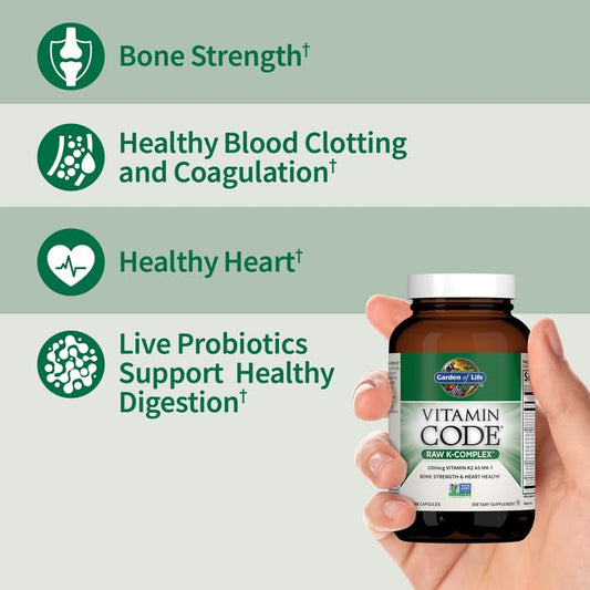 Garden Of Life Vitamin Code Raw K Complex side panel detailing vegan ingredients and whole food matrix