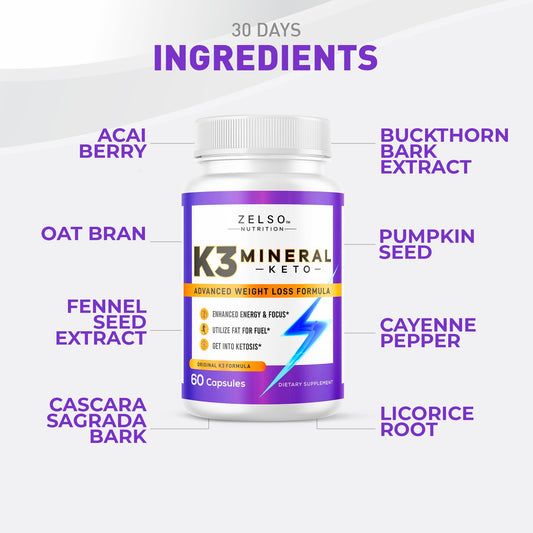 Zelso K3 Mineral Weight Loss Pills three bottle pack supplement supply