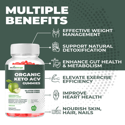 MuseBeam apple cider vinegar 1000MG dietary supplement label detailing vegan and sugar free ingredients
