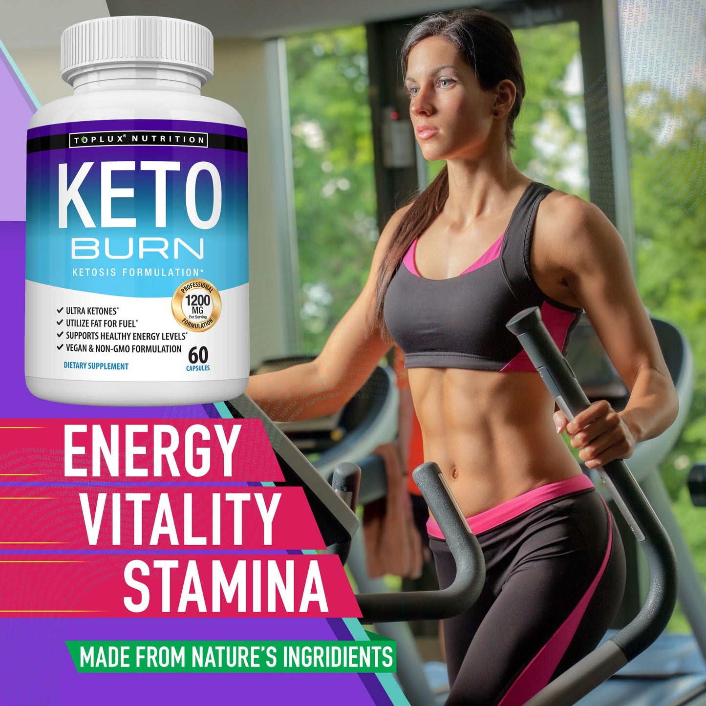 Toplux Keto Burn 60 count veggie capsules product presentation layout