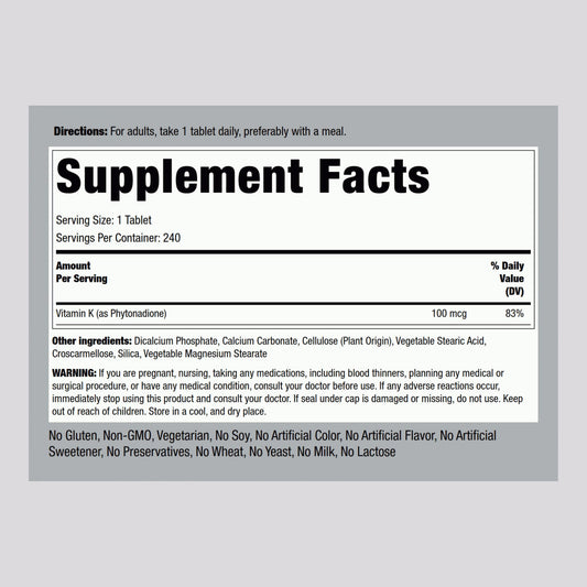 Piping Rock Vitamin K vegetarian dietary supplement tablets label showing ingredients and directions
