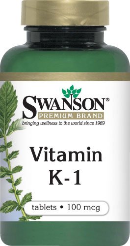 Swanson phylloquinone supplement container displaying ingredient facts and daily dosage guidelines.