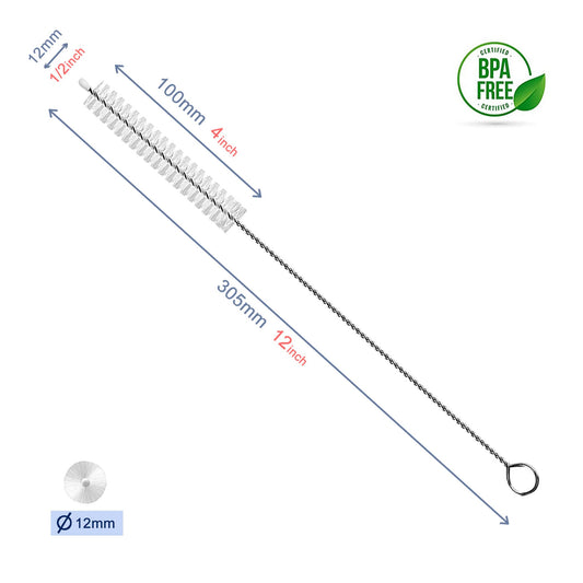 Stainless steel straw cleaning brushes with nylon bristles