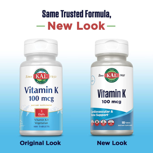 KAL Vitamin K1 dietary supplement showing product label facts and cardiovascular support benefits.