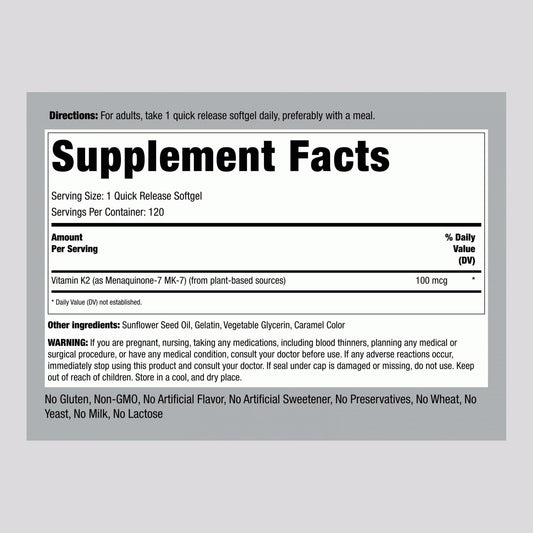 Piping Rock Ultra K2 Menaquinone supplement bottle showcasing dietary claims including gluten free and non GMO.