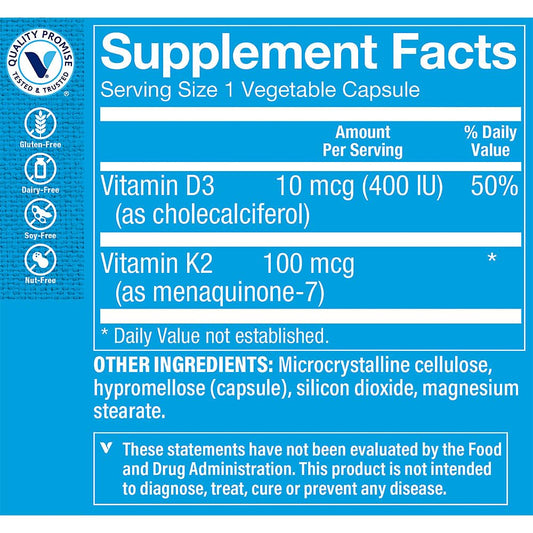 The Vitamin Shoppe Vitamin K2 Menaquinone-7 supplement dietary label details
