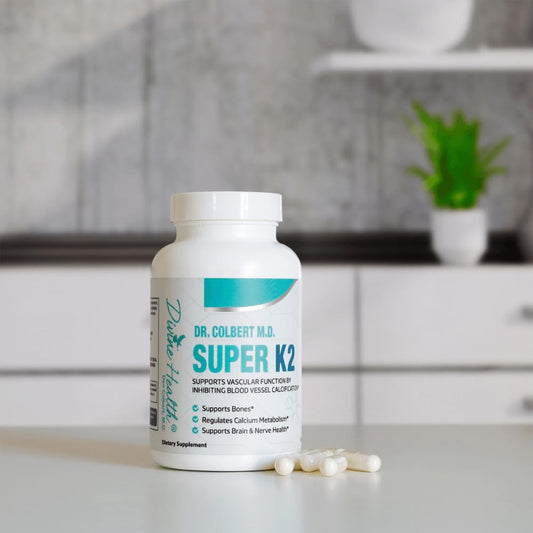 Divine Health Super Vitamin K2 MK7 supplement facts panel showing 200 mcg dosage per vegetarian capsule.