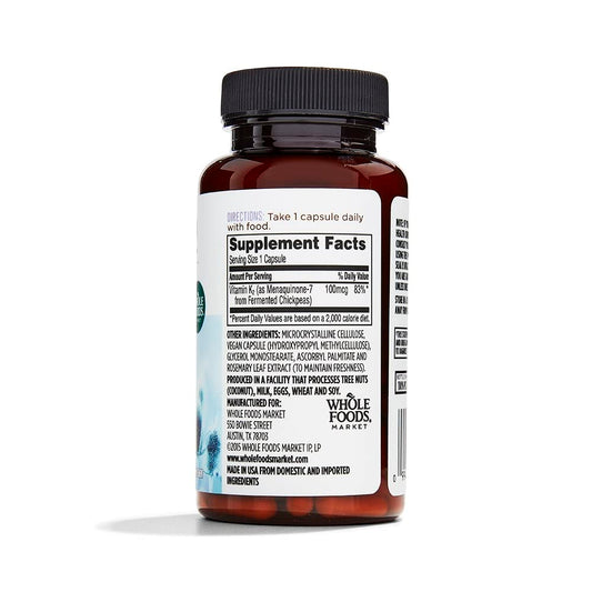 Whole Foods Market Vitamin K2 supplement facts and ingredient label close up