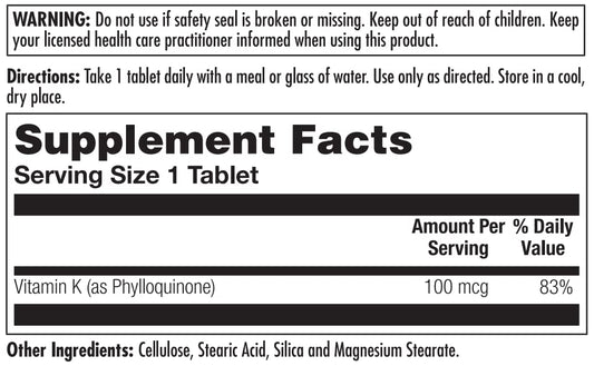 Authentic KAL phylloquinone vitamin K supplement showing label details and dietary information