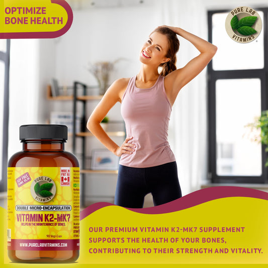 Pure Lab Vitamins Vitamin K2 MK7 supplement bottle side panel showing 120mcg dosage instructions