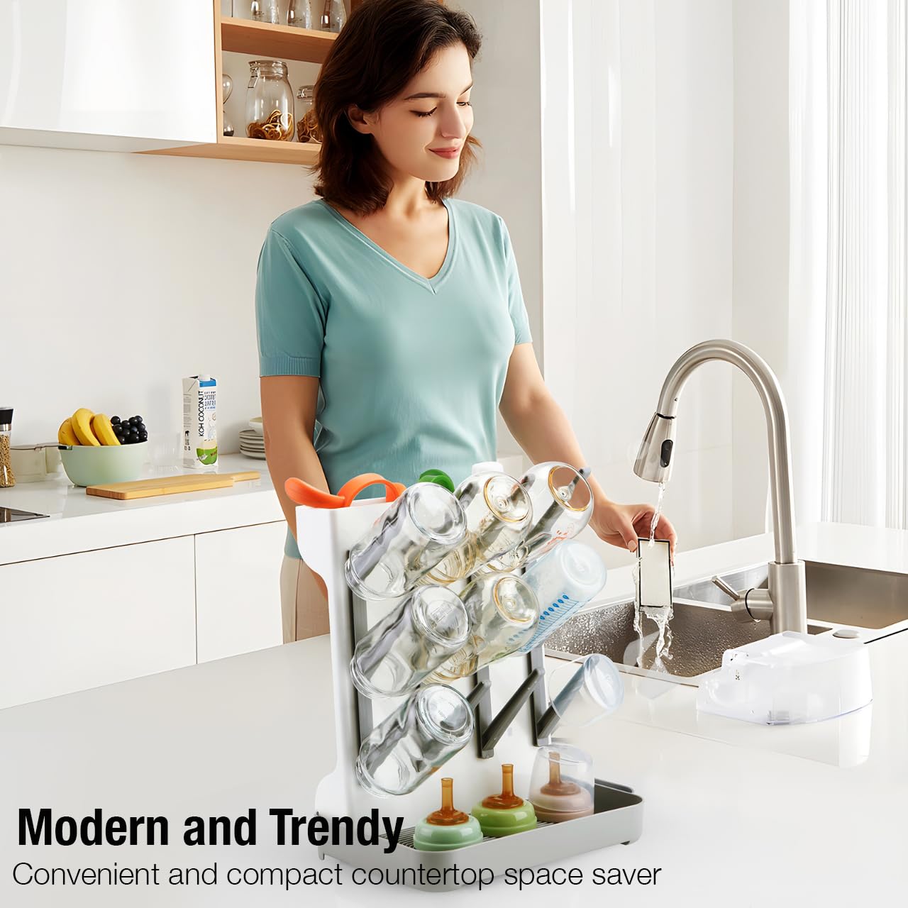 Top view of PandaEar grey bottle drying rack on countertop