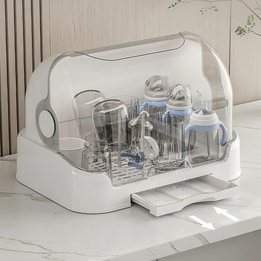 Side angle of Zdolmy bottle drying rack with transparent lid