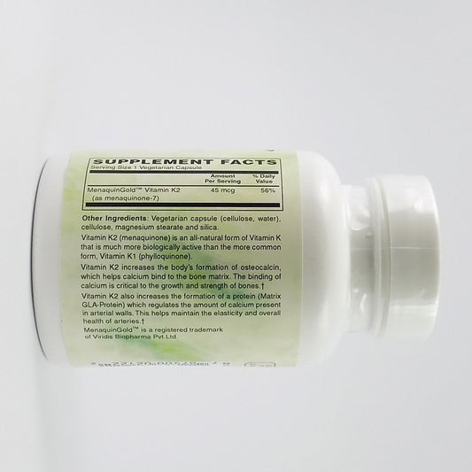 Holly Hill Health Foods Vitamin K2 supplement side label showing ingredients and facts