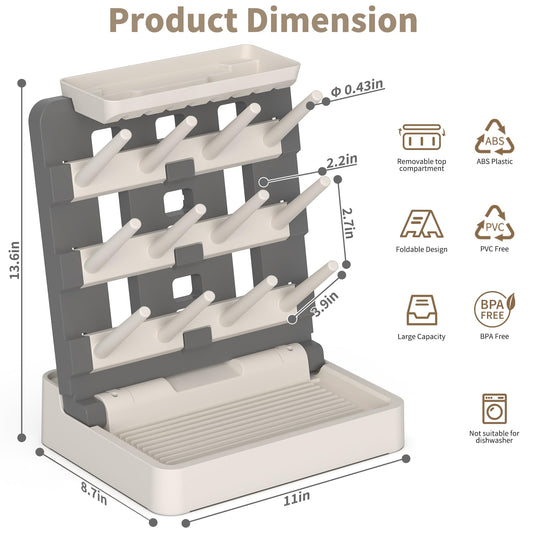 Baby bottle drying rack with removable drip tray for kitchen organization