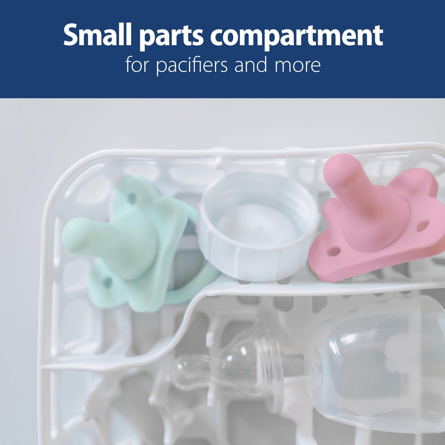 Close up of Dr. Brown's dishwasher basket holding small baby accessories