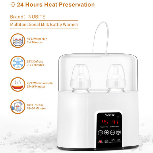 Nubite baby milk heater showing two bottles in heating chambers