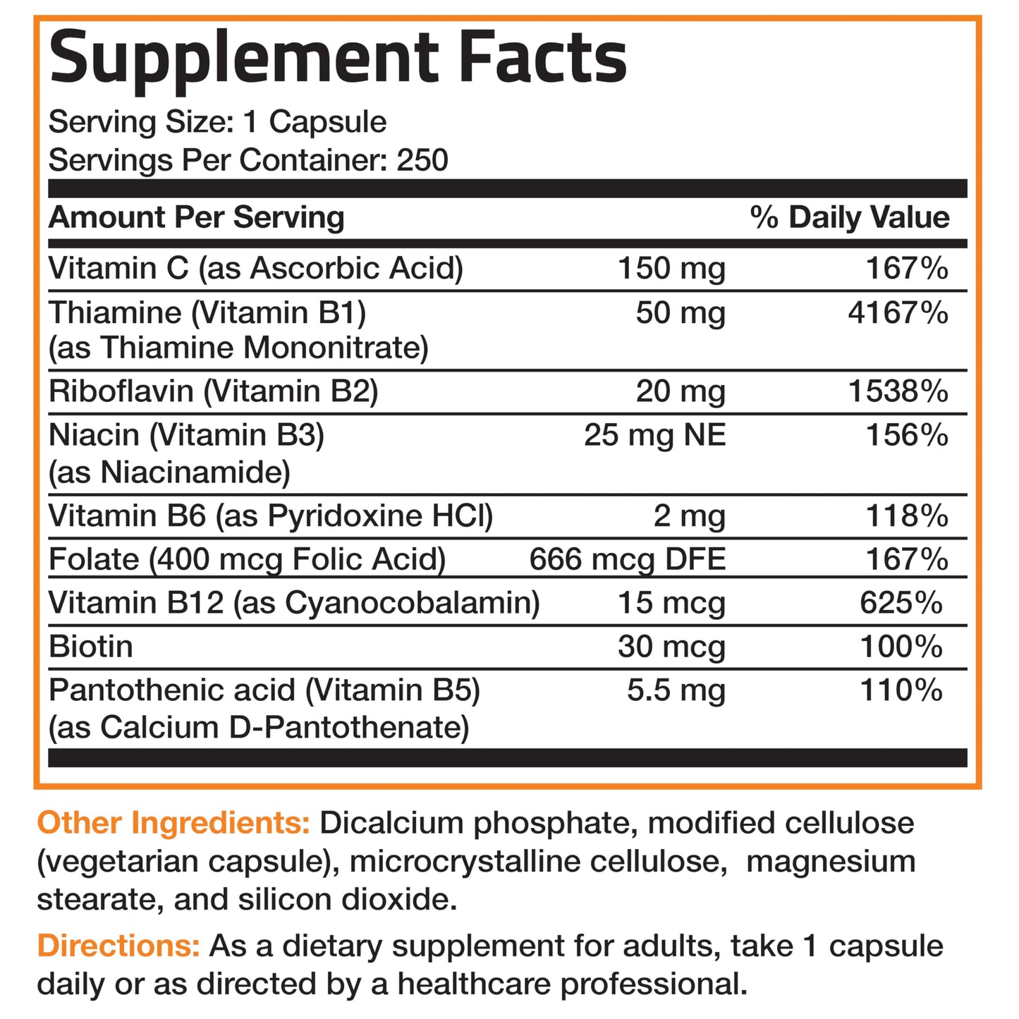 Top angle view of Bronson Vitamin B Complex 250 capsules bottle highlighting premium cap seal