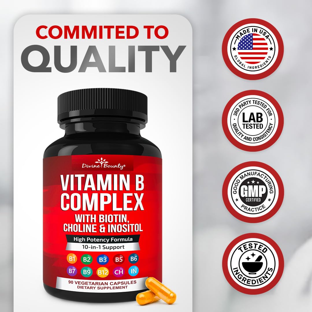 Divine Bounty Vitamin B Complex container displaying the made in the USA quality seal