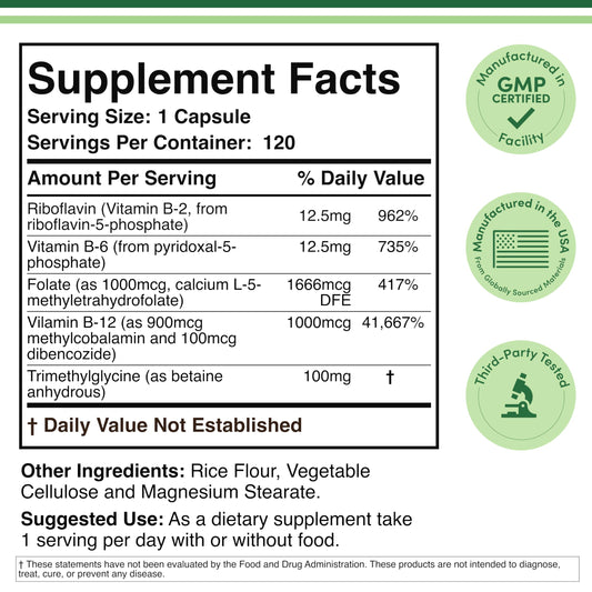 Side angle of Double Wood Methylated Multivitamin showing supplement facts and active ingredients