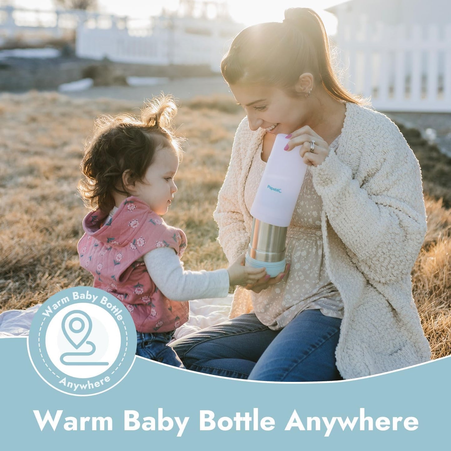 Lifestyle shot of Papablic baby bottle warmer during travel