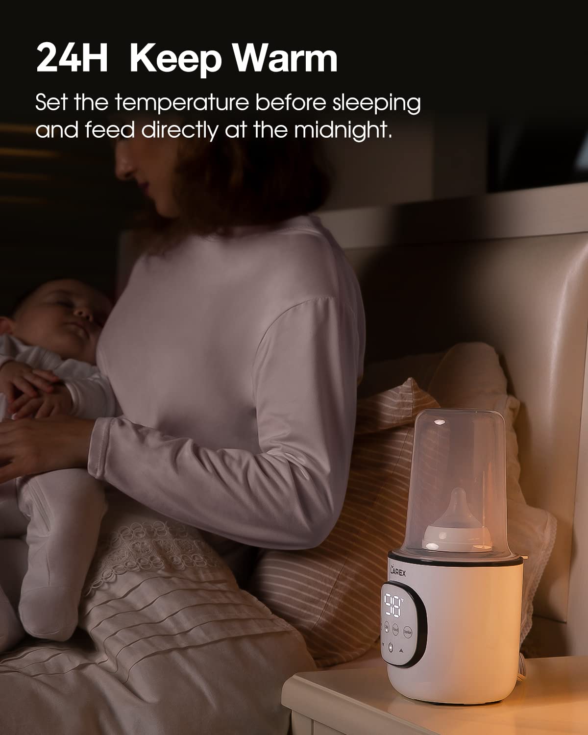Larex bottle warmer in a nursery setting for bedside convenience