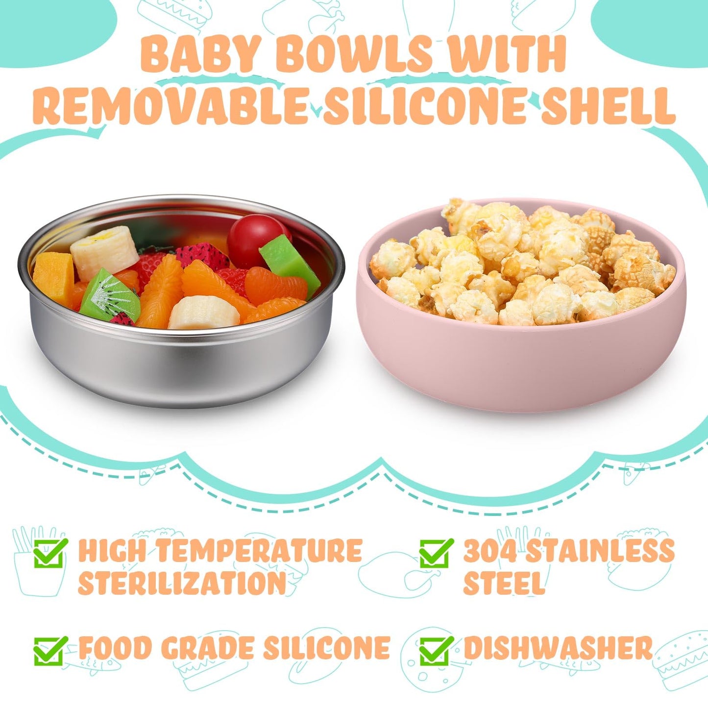 Nuogo anti scald baby bowls in pink and green colors