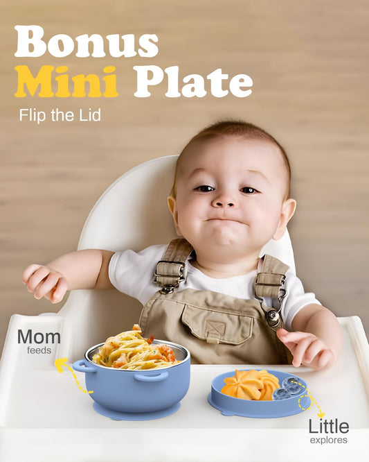 Side profile of Bakpoco stainless steel toddler bowl with blue silicone base