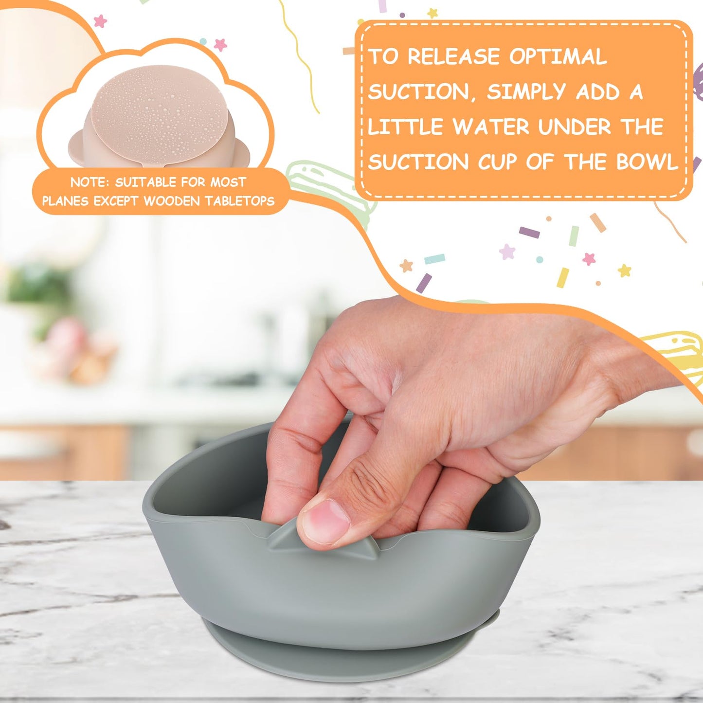 Components of Dualshine baby bowl including stainless steel and silicone parts