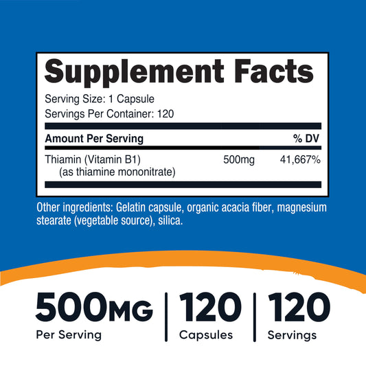 Nutricost Vitamin B1 500mg supplement facts label showing thiamine mononitrate nutritional data