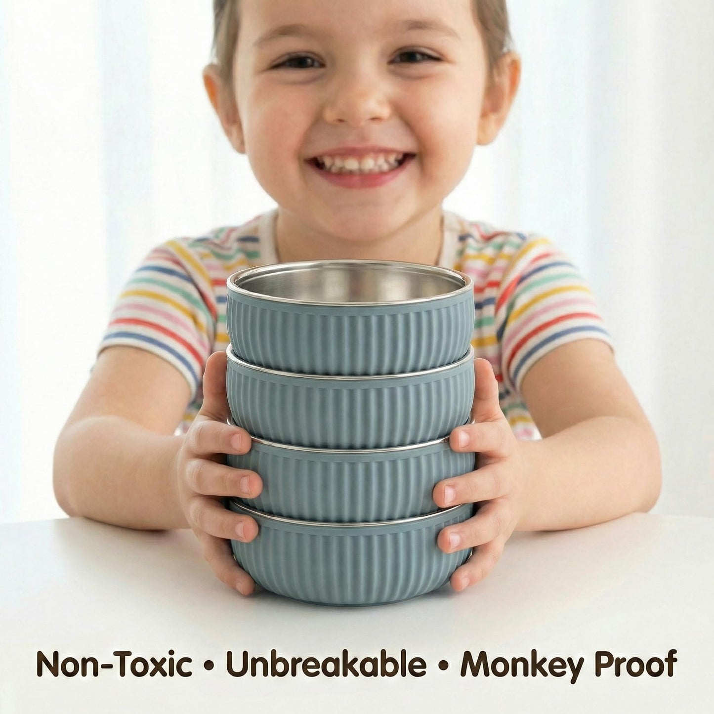Top down view of 5-inch Monkey Proof stainless steel feeding bowls