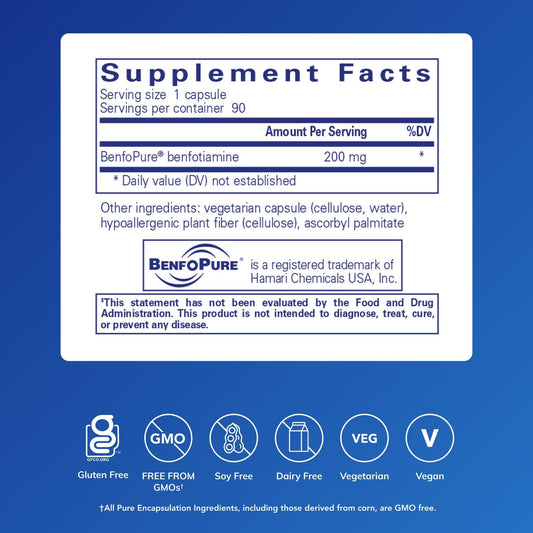 Pure Encapsulations BenfoMax supplement facts label showing 200 mg benfotiamine ingredients