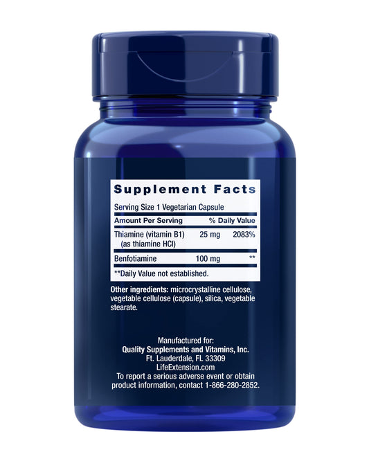Life Extension Vitamin B1 supplement bottle showing 120 vegetarian capsules label details
