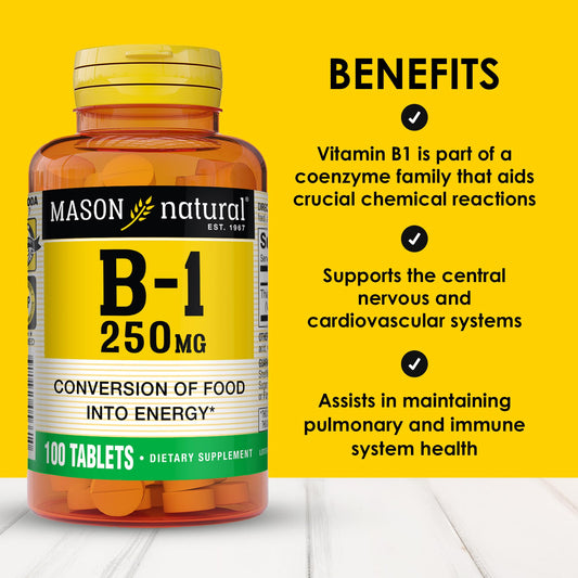 Mason Natural thiamine dietary supplement bottle label displaying energy metabolism benefits and vegetarian status.