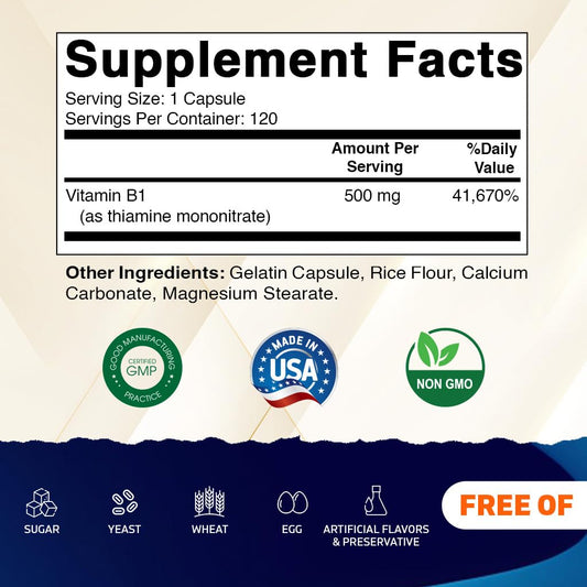 Vitamatic high potency Thiamine supplement side label showing nutritional facts and ingredients