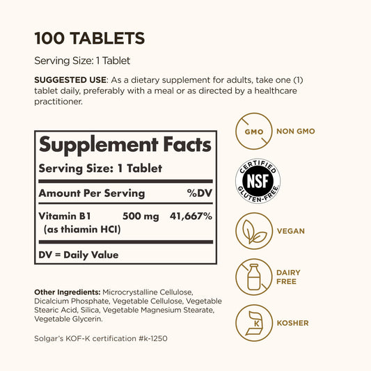Solgar Vitamin B1 500 mg supplement label showing nutritional facts and non GMO certification