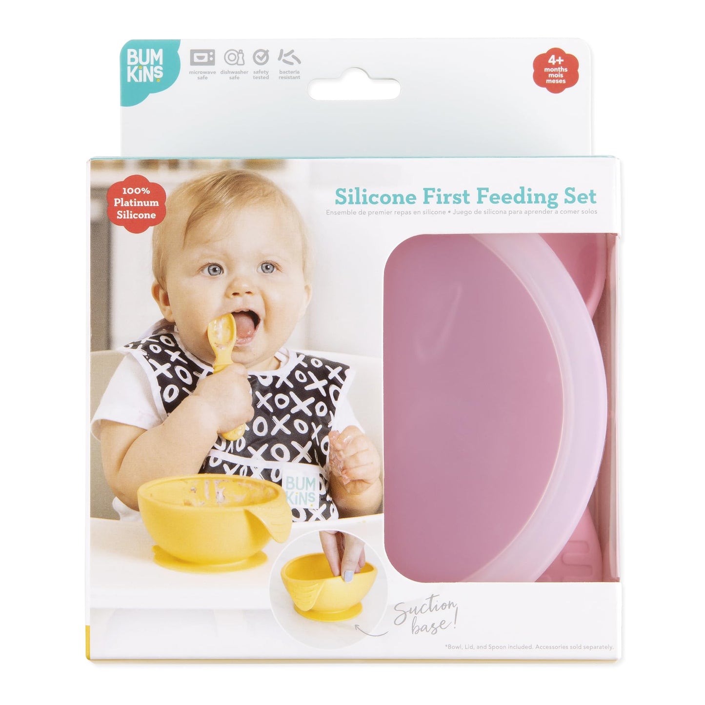 Authentic Bumkins silicone first feeding set in pink packaging