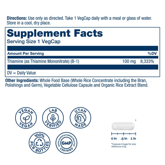 Solaray Thiamine supplement facts label showing ingredients and serving size details