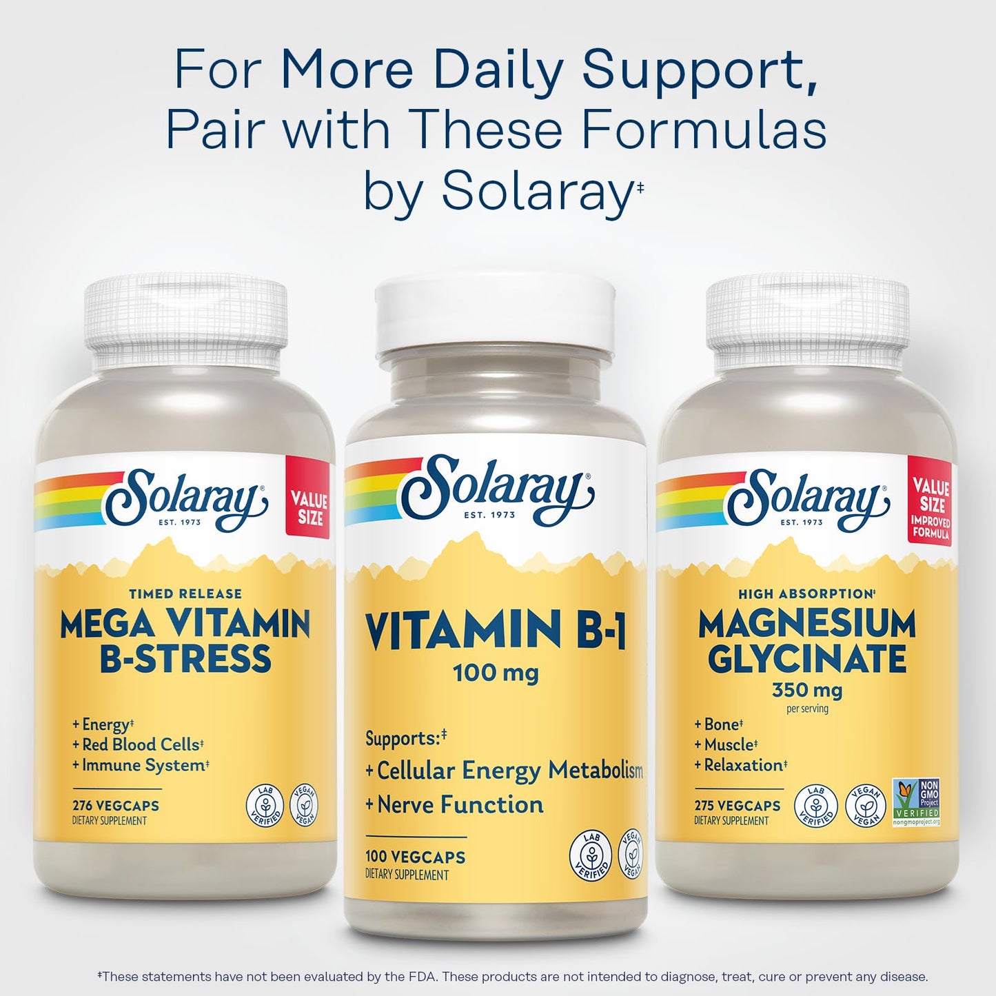 Eco friendly post consumer recycled packaging view of Solaray Vitamin B1 bottle