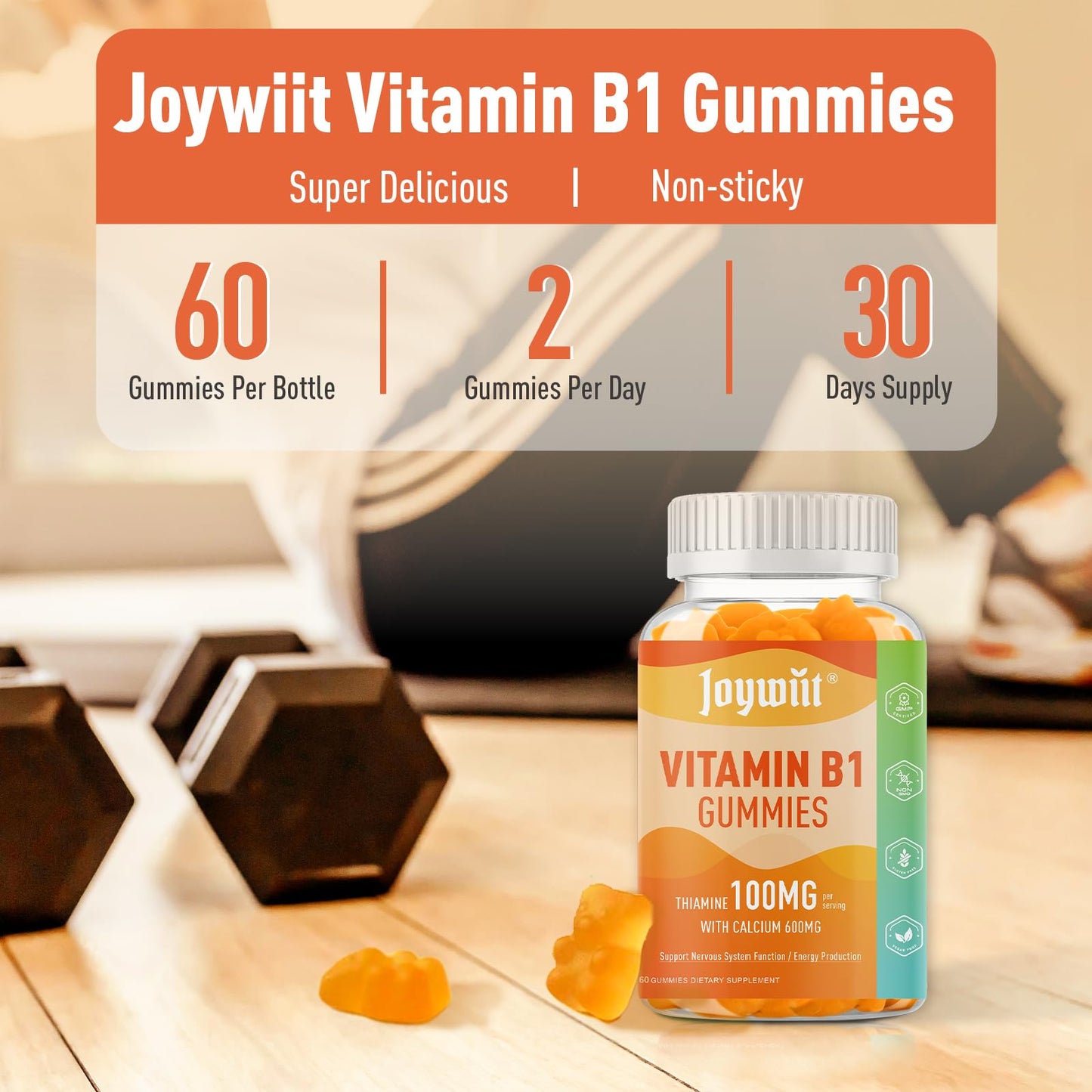 Sixty count bottle of Joywiit orange thiamine gummies for thirty day supply
