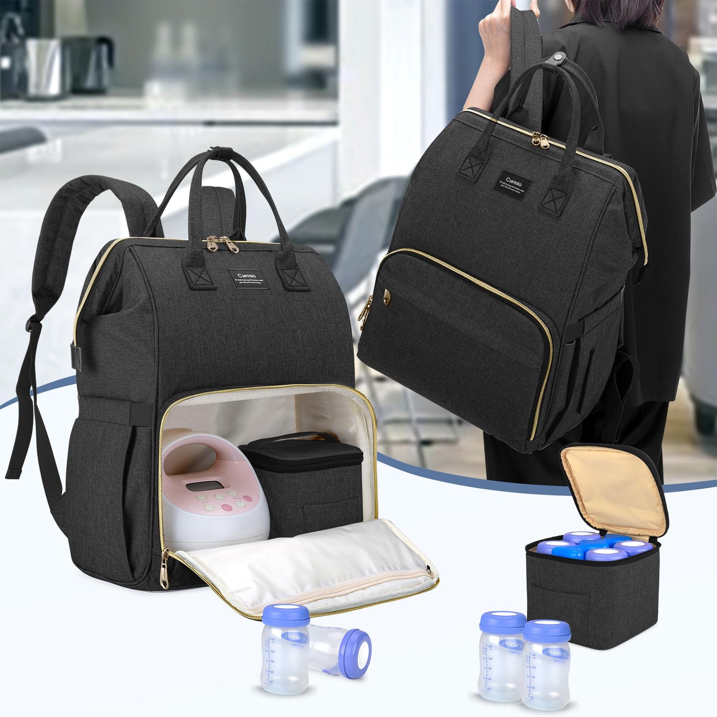 Curmio multi functional baby gear bag top handle view showcasing nylon texture